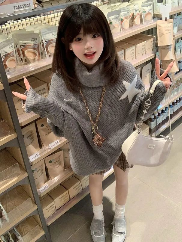 girl Early Autumn Retro Lazy Style Fashion Irregular Pullover Gray Loose For Female Students Cape High Neck Knitted Sweater_ecoleips.com