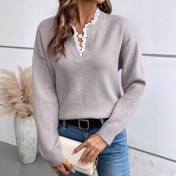 Aria Basics Aria Basics 2025 Autumn Winter New Fashion Lace Trim V-Neck Sweater Solid Color Loose Long Sleeve Women's Knitted Top_ecoleips.com