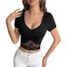European And American Cross-border 2026 Summer Elegant V-neck Lace Trim Short-sleeve Slim-fit T-shirt, Slimming Short_ecoleips.com