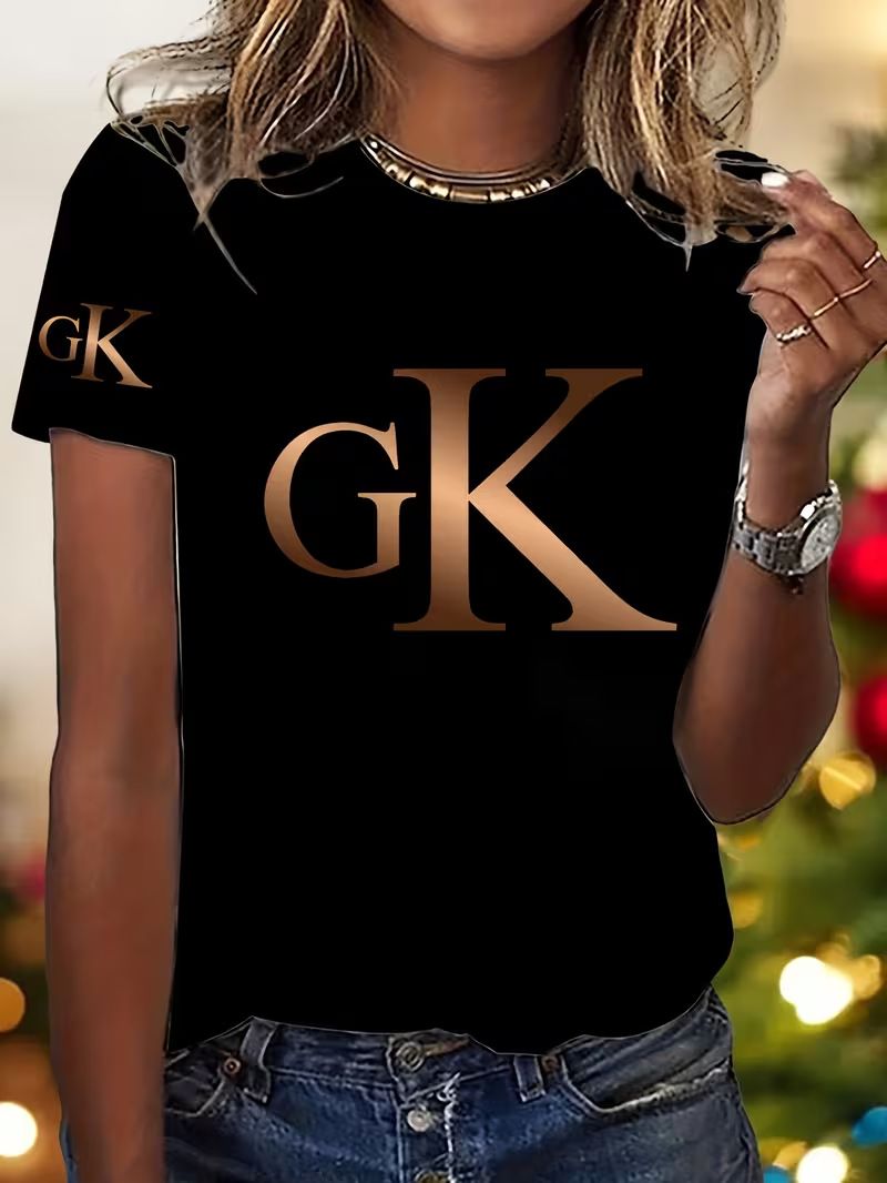 Women's Gradient Art Letter 3D Print round Neck Pullover T-Shirt Casual Elegant Fashion Short Sleeve Top for Summer_ecoleips.com