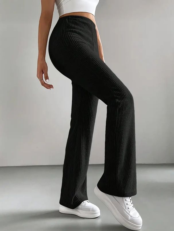 Women's Clothing Women's Solid Color Bell Bottom Pants Spring Autumn Casual Ribbed Knitted Slim Fit Fashionable All Match Trousers_ecoleips.com