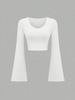 Women's Clothing Fashion Solid Color Round Neck Trumpet Sleeve Short Slim Fit T Shirt_ecoleips.com
