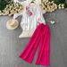 Women's French Style Printed Shirt V Neck Single Breasted Loose Chiffon Top Breathable Casual Two Piece Set_ecoleips.com