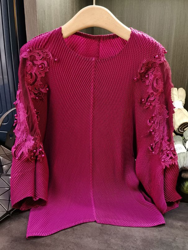 Women's Clothing Women's Stylish Long Sleeve T-Shirt Mesh Panel Design Beaded Dragon Scale Pleats Casual Wear Autumn Style_ecoleips.com
