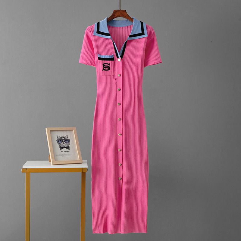 Women's Slim Fit Knit Dress - Elegant Polo Collar Long Sleeve Maxi Dress With Embroidery Detail_ecoleips.com
