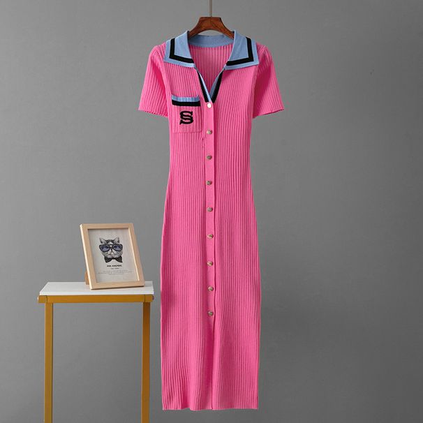 Women's Slim Fit Knit Dress - Elegant Polo Collar Long Sleeve Maxi Dress With Embroidery Detail_ecoleips.com