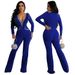 Women's clothing sexy deep V feather collar fashionable wide leg jumpsuit for women 22 autumn and winter hot diamond style_ecoleips.com