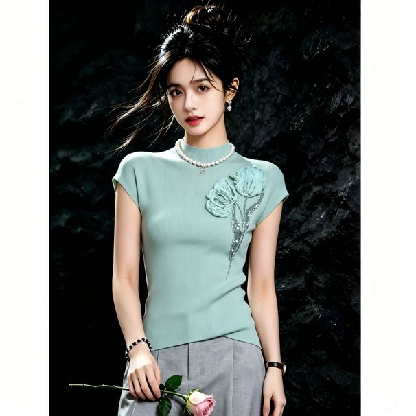 Mint Three-dimensional Floral Short-sleeve Knit Top, 2026 Summer New Korean Style Casual Versatile Slimming Green Top_ecoleips.com