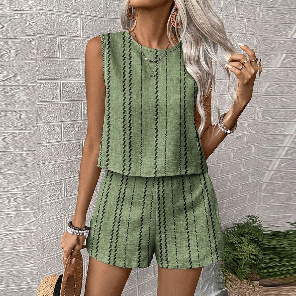 Summer Women's Casual Two Piece Set Striped Print Sleeveless Fashion Vest And Shorts Cross Border European American Style_ecoleips.com