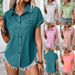 Women's Clothing Solid Color Buckled Lapel Shoulder Pleated Pocket Raglan Short Sleeved Top_ecoleips.com