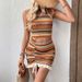K New Vacation Style Color Striped Knitted Sleeveless Hanging Neck Vest Short Skirt Set, Two-piece Set_ecoleips.com