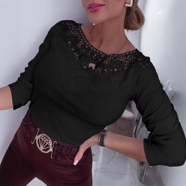 Elegant Lace Collar Long Sleeve T-Shirt For Women - Pure Color Round Neck Blouse, Spring Summer Casual Top, Polyester Stretch Comfort Fit (S-XXL)_ecoleips.com