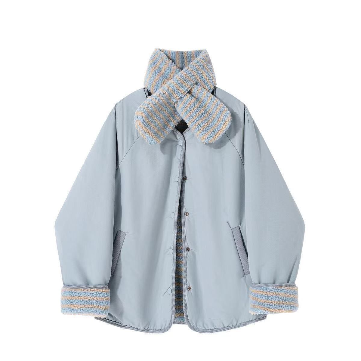 Double-sided Cotton-padded Clothes, Fleece Korean Cotton-padded Clothes V-type Cotton-padded Jackets 2025 New Warm And Loose Coats_ecoleips.com