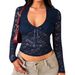 Women's Long Sleeved Lace V Neck Mesh Cropped Shirt Sexy Cute Y2K Autumn Fashion Top For Women_ecoleips.com
