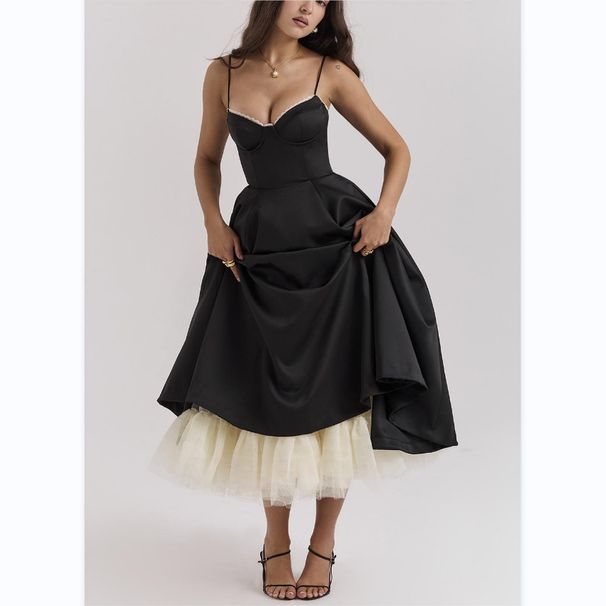 European And American Sexy Women's Fashion Cross-Border New Strap V-Neck Sleeveless Puff Long Dress_ecoleips.com