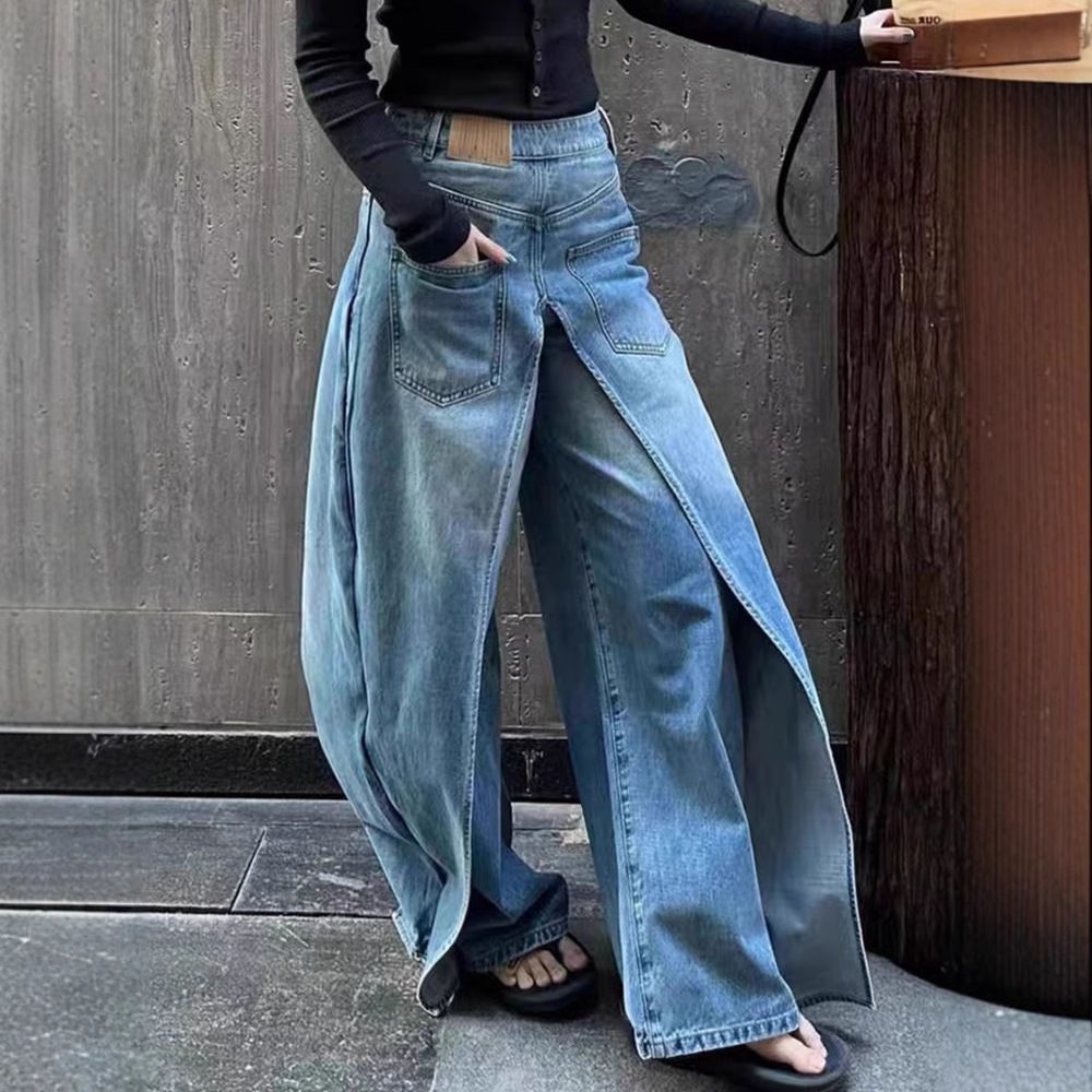Women's Clothing Retro Deconstruction Style Reversible Jeans Y2k High Street Design Lengthened Casual Wide Leg Pants_ecoleips.com