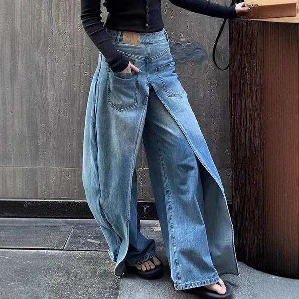 Women's Clothing Retro Deconstruction Style Reversible Jeans Y2k High Street Design Lengthened Casual Wide Leg Pants_ecoleips.com
