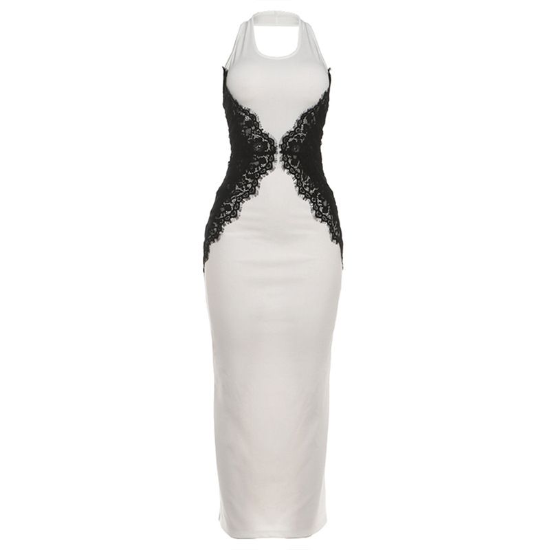 Women's Elegant Sexy Lace Patchwork Hollow Color Block Slim Halter Neck Dress European American Style Autumn Winter New Clothing_ecoleips.com