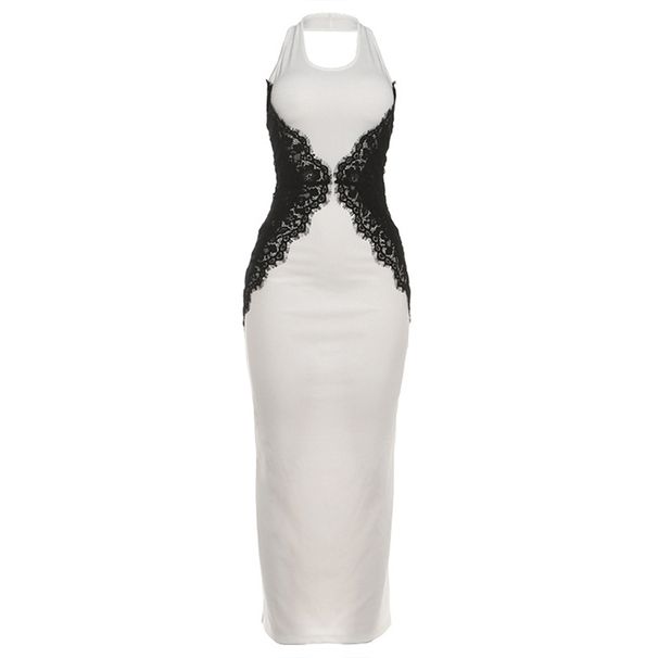 Women's Elegant Sexy Lace Patchwork Hollow Color Block Slim Halter Neck Dress European American Style Autumn Winter New Clothing_ecoleips.com