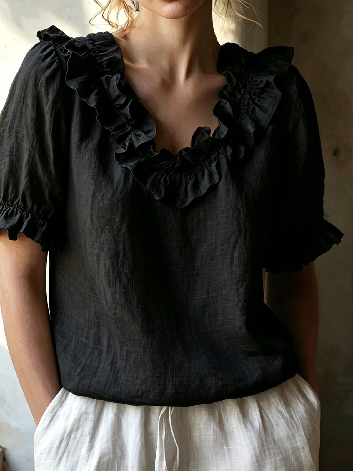 Women's Ruffled Collar Puff Sleeve Slimming Breathable Loose Fit Shirt Bestseller_ecoleips.com