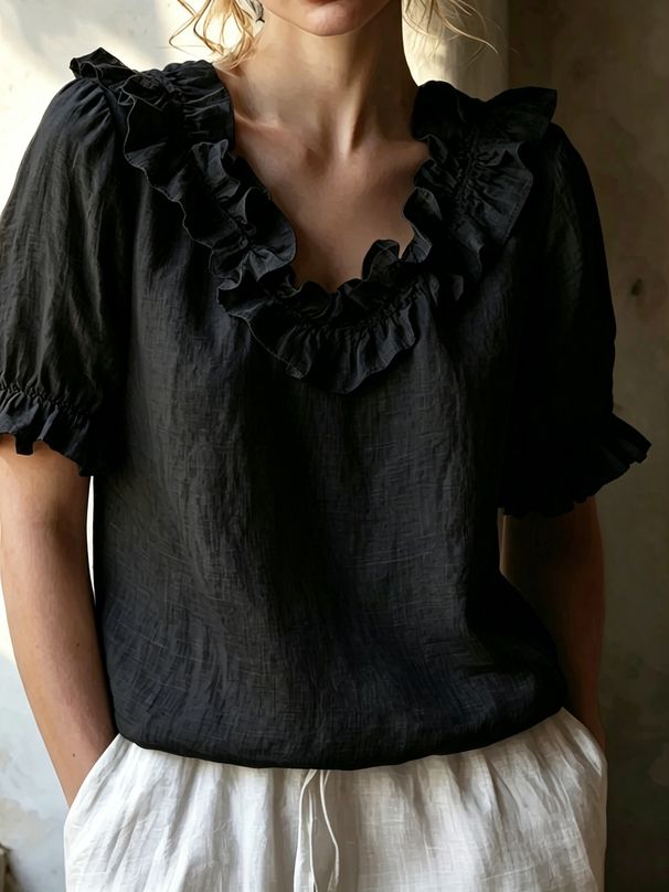 Women's Ruffled Collar Puff Sleeve Slimming Breathable Loose Fit Shirt Bestseller_ecoleips.com