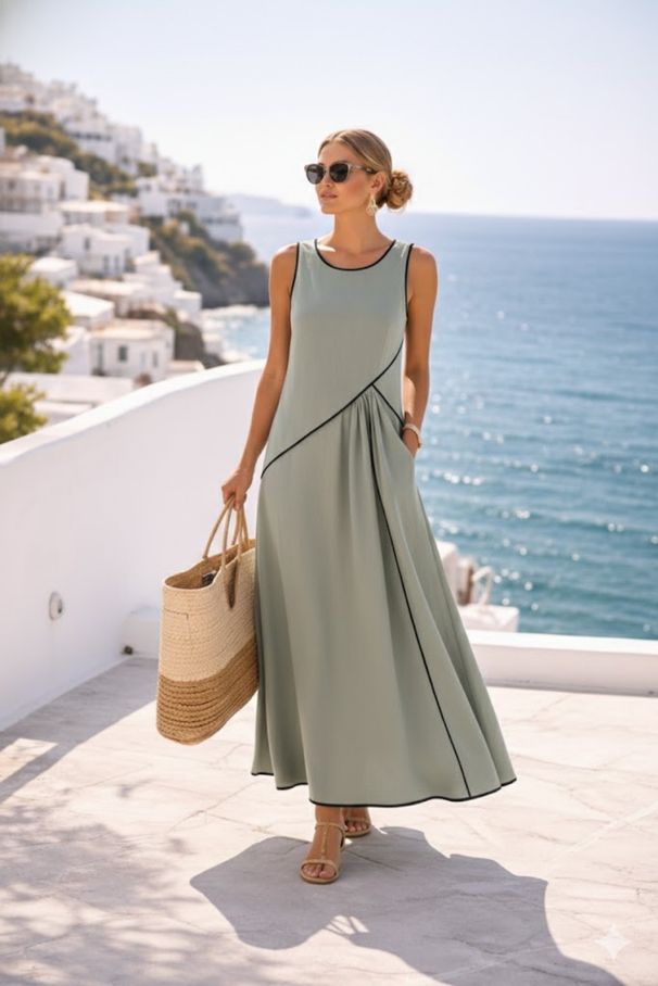 Mediterranean Vacation Dress – Flowy A-Line Midi Dress With Contrast Trim | 7 Boho Colors (S-Xxxl)_ecoleips.com