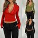 Sexy & Sweet Lace Trim V-Neck Long Sleeve Top – Flared Sleeve Bodycon Blouse For Date Night & Party Body-Hugging Fit_ecoleips.com