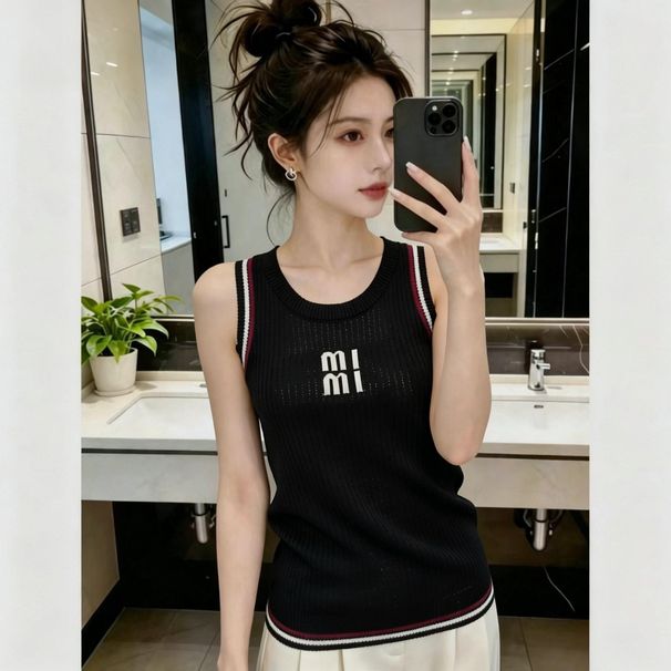 French-style Casual White Knitted Vest Women, 2026 Summer, Round Neck, Sleeveless, Slimming, Versatile, Color-blocked_ecoleips.com