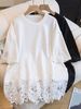 Korean Style Loose Plus Size Short Sleeve T-Shirt Round Neck Lace Splicing Pure Color Slimming Anti-Aging Versatile Women's Top_ecoleips.com