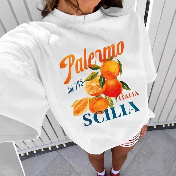 Women's Orange Print T-Shirt Round Neck Short Sleeve Fruit Letter Pattern Top European American Style Summer Fashion_ecoleips.com