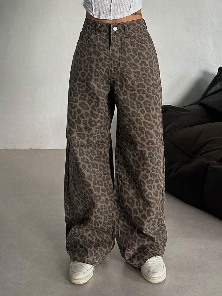 Leopard Print Denim Jeans Loose Fit Straight Leg Casual Wide Leg Pants For Spring Autumn_ecoleips.com