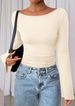 American Spice Girl Solid Color Boat Neck Flared Sleeve T-Shirt Women's Autumn Slim Fold Pleated Skinny Top Long Sleeve_ecoleips.com