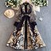 Women's European Court Style Retro Dress Slimming Flattering Mesh Patchwork Printed Lantern Sleeve Full Skirt Dress_ecoleips.com