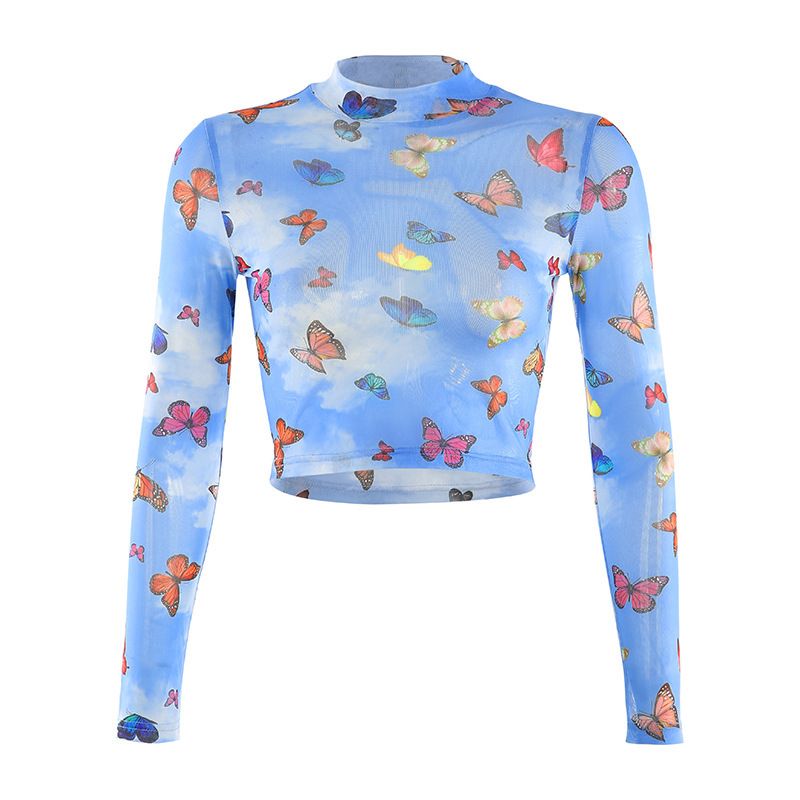 European And American Cross-border Foreign Trade Women's Clothing, Mesh Hollow Butterfly Print Long-sleeve Cropped_ecoleips.com