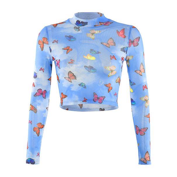 European And American Cross-border Foreign Trade Women's Clothing, Mesh Hollow Butterfly Print Long-sleeve Cropped_ecoleips.com