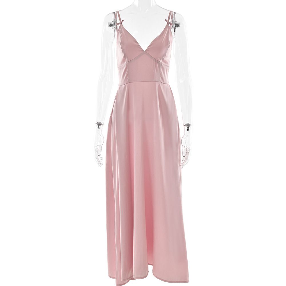 Women's New V‑Neck Spaghetti Strap Open Back Sleeveless Evening Party Dress_ecoleips.com