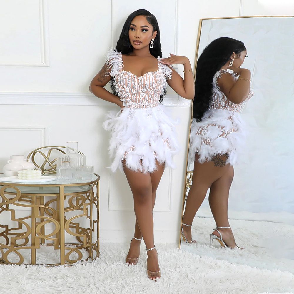 Women's Clothing New Style Beaded Feather V Neck Waist Short Dress Luxury High End Party Dress_ecoleips.com