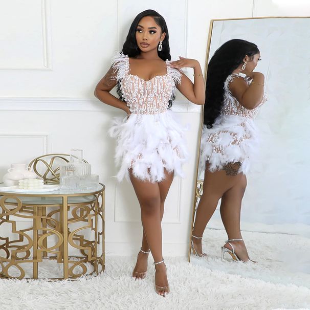 Women's Clothing New Style Beaded Feather V Neck Waist Short Dress Luxury High End Party Dress_ecoleips.com