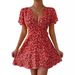 independent Site Cross-border E-commerce European And American Lace-up Waist Short-sleeve V-neck Women's Dress_ecoleips.com