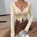 Women's Clothing Women's Slim Fit V Neck Knotted Knitted Top Autumn Winter Fashion Short Long Sleeve Super Short Top_ecoleips.com