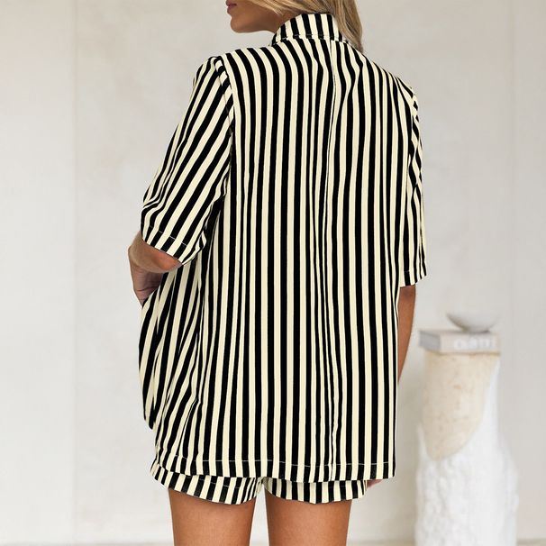 Women's Clothing 2025 Autumn And Winter Vacation Striped Shirt Shorts Two-piece Suit Women's Clothing 2025 Autumn And Winter_ecoleips.com