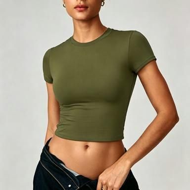 Women's Clothing Solid Color Round Short Sleeve T-Shirt Women's Casual Slimming Sexy Tight Fit Top Fashionable Clothing_ecoleips.com