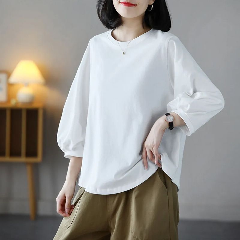 Spring And Summer New Versatile Literary And Retro Lantern Sleeve T-shirt Foreign Style Age-reducing Casual Seven-quarter Sleeve Top Women's Clothing_ecoleips.com