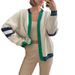 Fashionable Color-Block Cardigan Loose Casual Autumn-Winter 2024 Cross-Border Women's Striped Simple Knit Sweater Coat_ecoleips.com