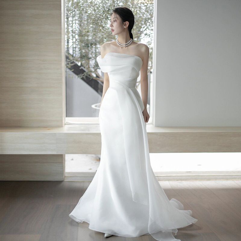 Women's Clothing Style One Shoulder Light Wedding Dress Bride Super Fairy Forest Style Out Of The Door Yarn Simple Temperament White Dress Fishtail_ecoleips.com