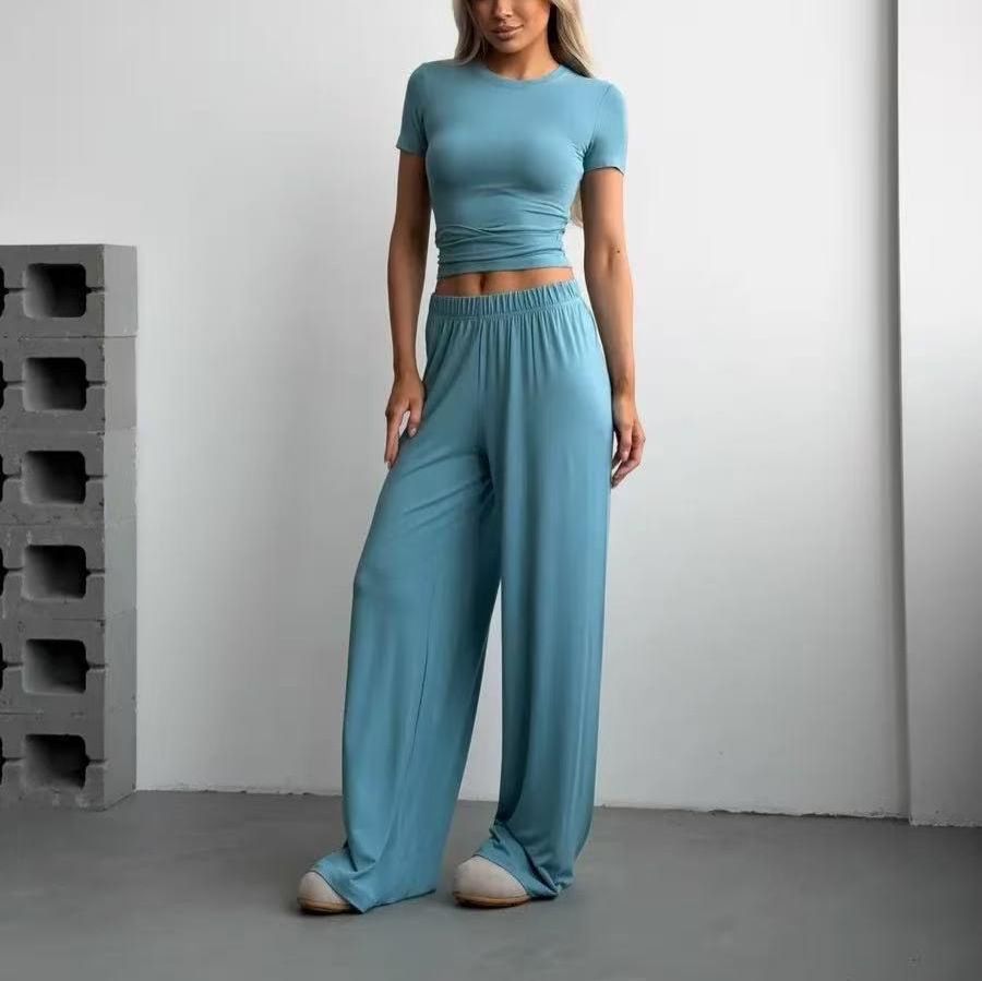 Women's Clothing Women's Knitted Two-Piece Set Short Sleeve T-Shirt And Pants Casual Innerwear Base Layer For Formal & Casual_ecoleips.com