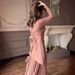 Elegant Spring Long Sleeve Maxi Dress With Pleated Skirt - Flattering Slim Fit For Women, Soft Polyester-Cotton Blend, Round Neck, Mid Waist, Pure_ecoleips.com