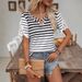 Women's Elegant Striped Top Short Sleeve Lace Detail Breathable Polyester Blend Office Casual Wear Tee_ecoleips.com