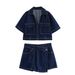 Women's Summer New V-Neck Pullover Short Shirt + Double Breasted High Waist Denim Skirt Pants Set_ecoleips.com