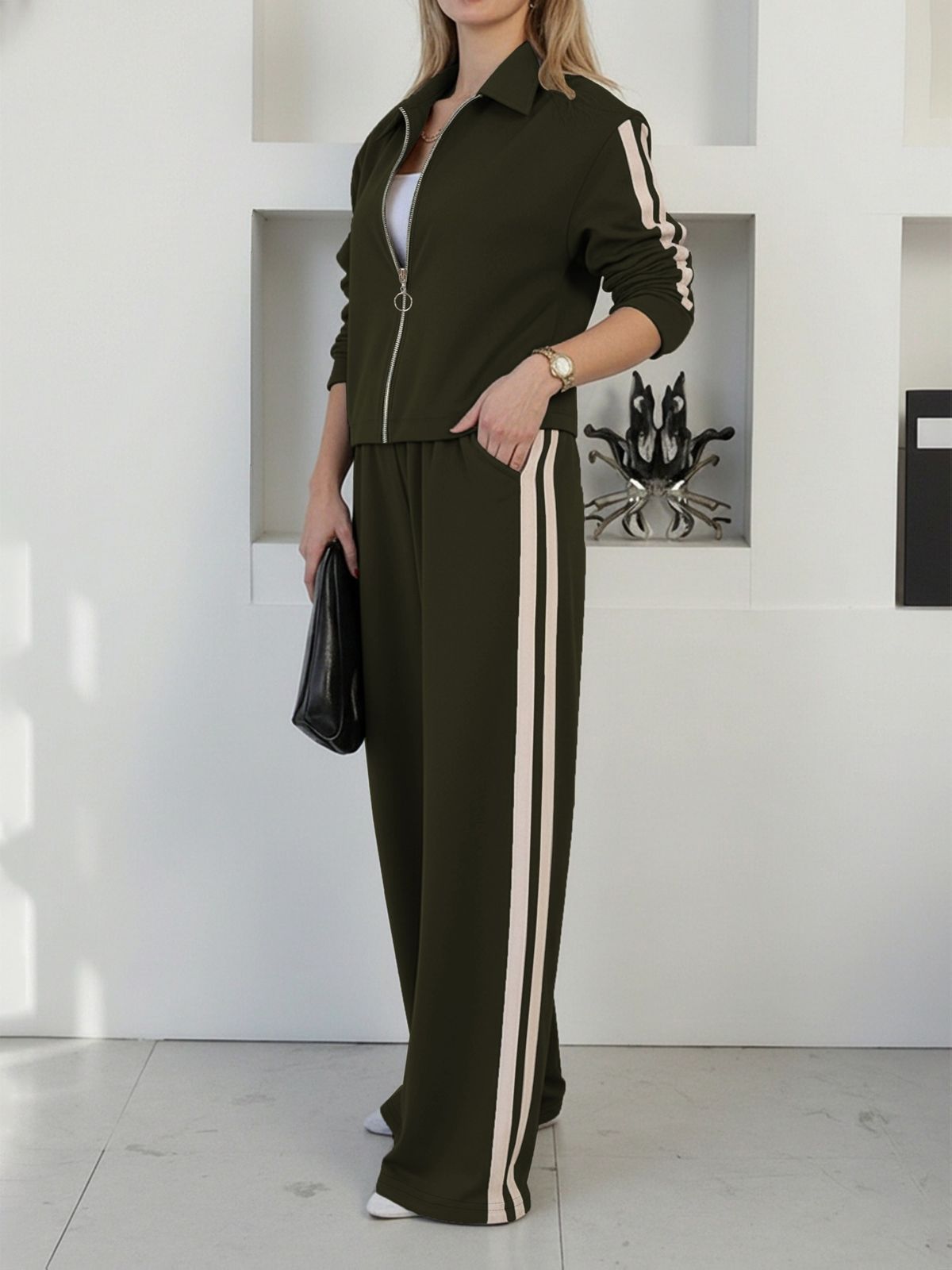 Women's Clothing High Waisted Wide Leg Pants Set Zip Up Jacket Autumn Trendy Two Piece Outfit Regular Size Polyester_ecoleips.com